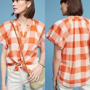 Anthropologie Maeve Orange And White Gingham Flare Sleeve Blouse Size XS